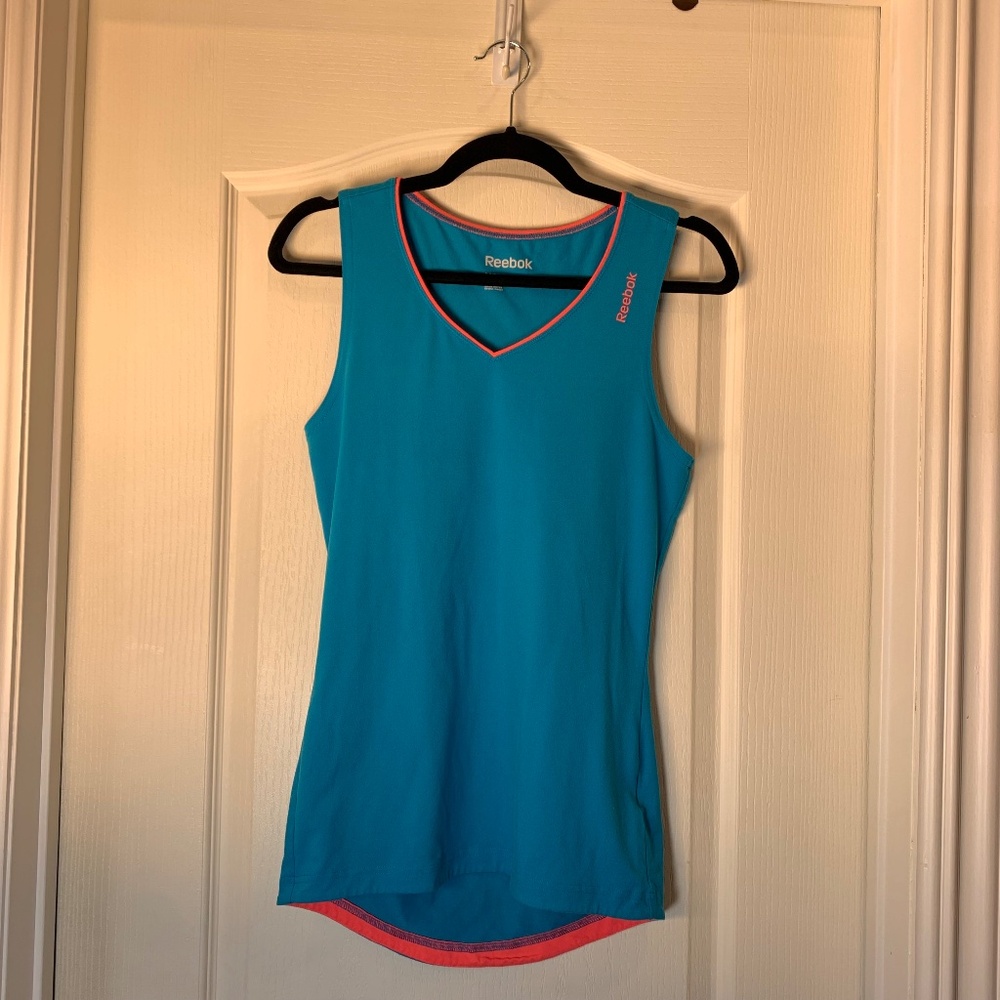 Reebok PlayDry Women’s Athletic Tank Top XS Blue Neon Coral V-Neck Sport